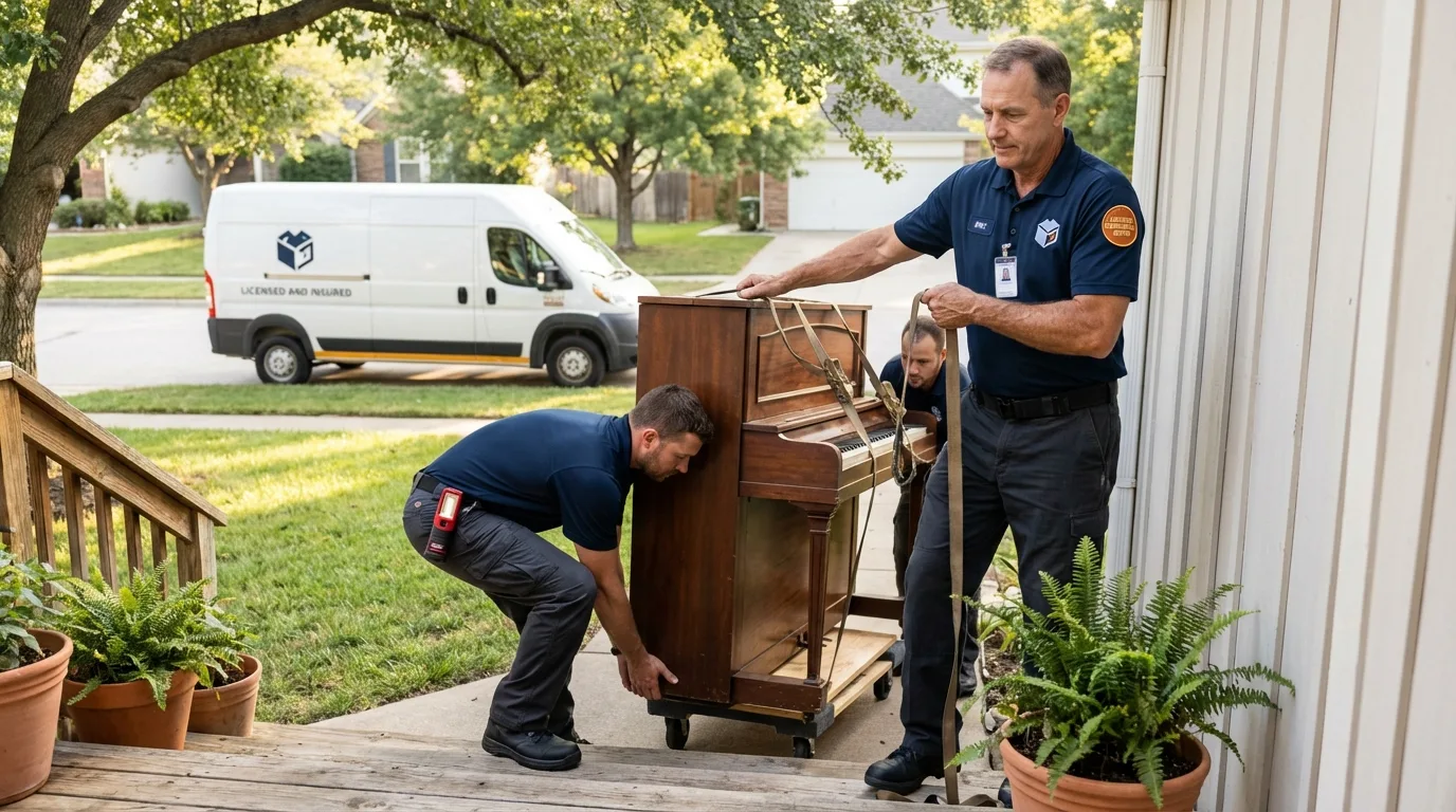 Licensed piano movers securing grand piano in Industry, PA