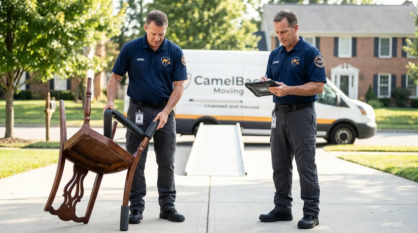 Movers inspecting furniture for damage prevention before loading in Industry, PA