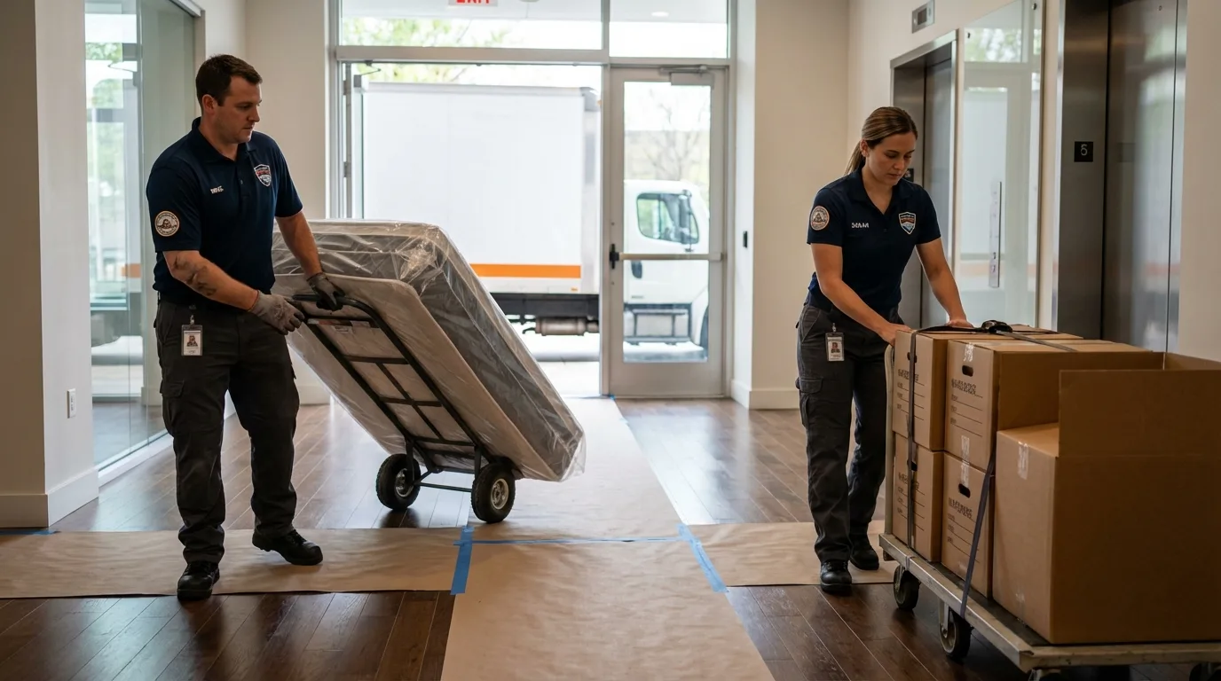 Professional apartment movers loading elevator in Industry, PA