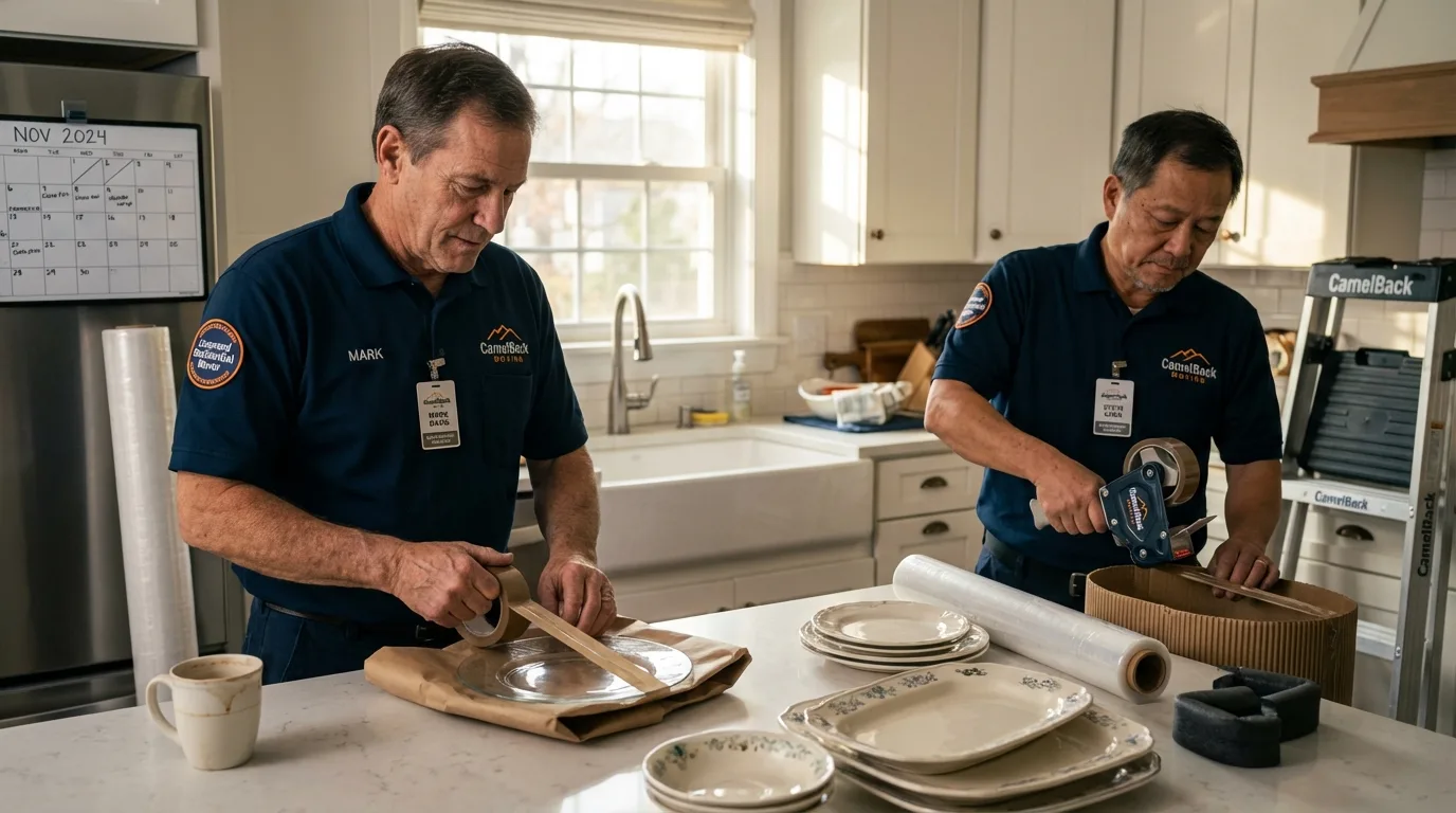 Professional crew packing kitchen dishware in Industry, PA